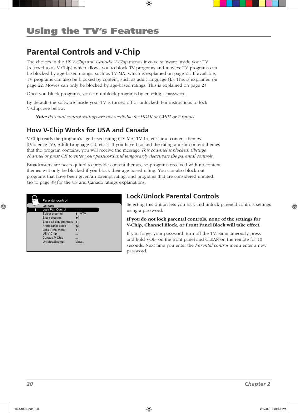 Using the tv’s features, Parental controls and v-chip, How v- chip works for usa and canada | Lock/unlock parental controls, 20 chapter 2 | RCA L32WD12 User Manual | Page 20 / 44