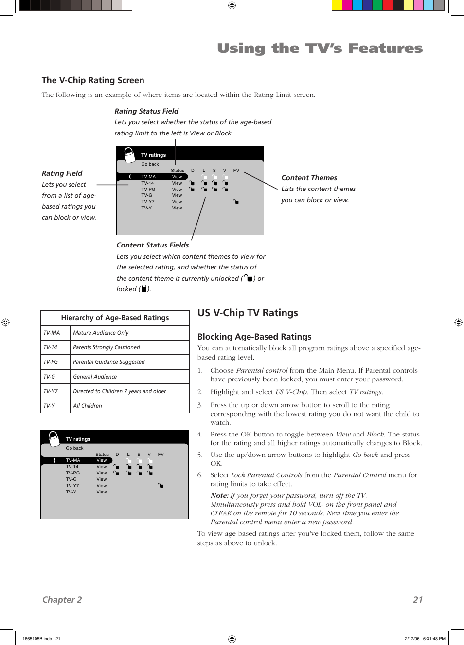 Using the tv’s features, Us v-chip tv ratings, Chapter 2 21 | The v-chip rating screen, Blocking age-based ratings | RCA L32WD12 User Manual | Page 21 / 44