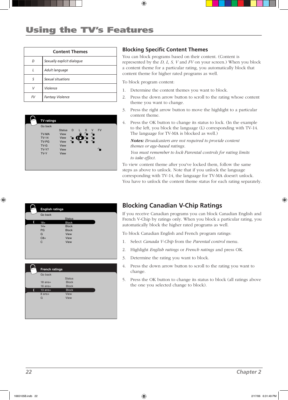 Using the tv’s features, Blocking canadian v-chip ratings, 22 chapter 2 | Blocking specifi c content themes | RCA L32WD12 User Manual | Page 22 / 44