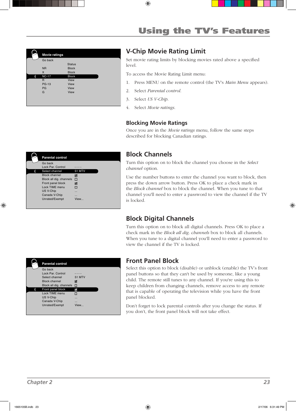 Using the tv’s features, V-chip movie rating limit, Block channels | Block digital channels, Front panel block, Chapter 2 23, Blocking movie ratings | RCA L32WD12 User Manual | Page 23 / 44