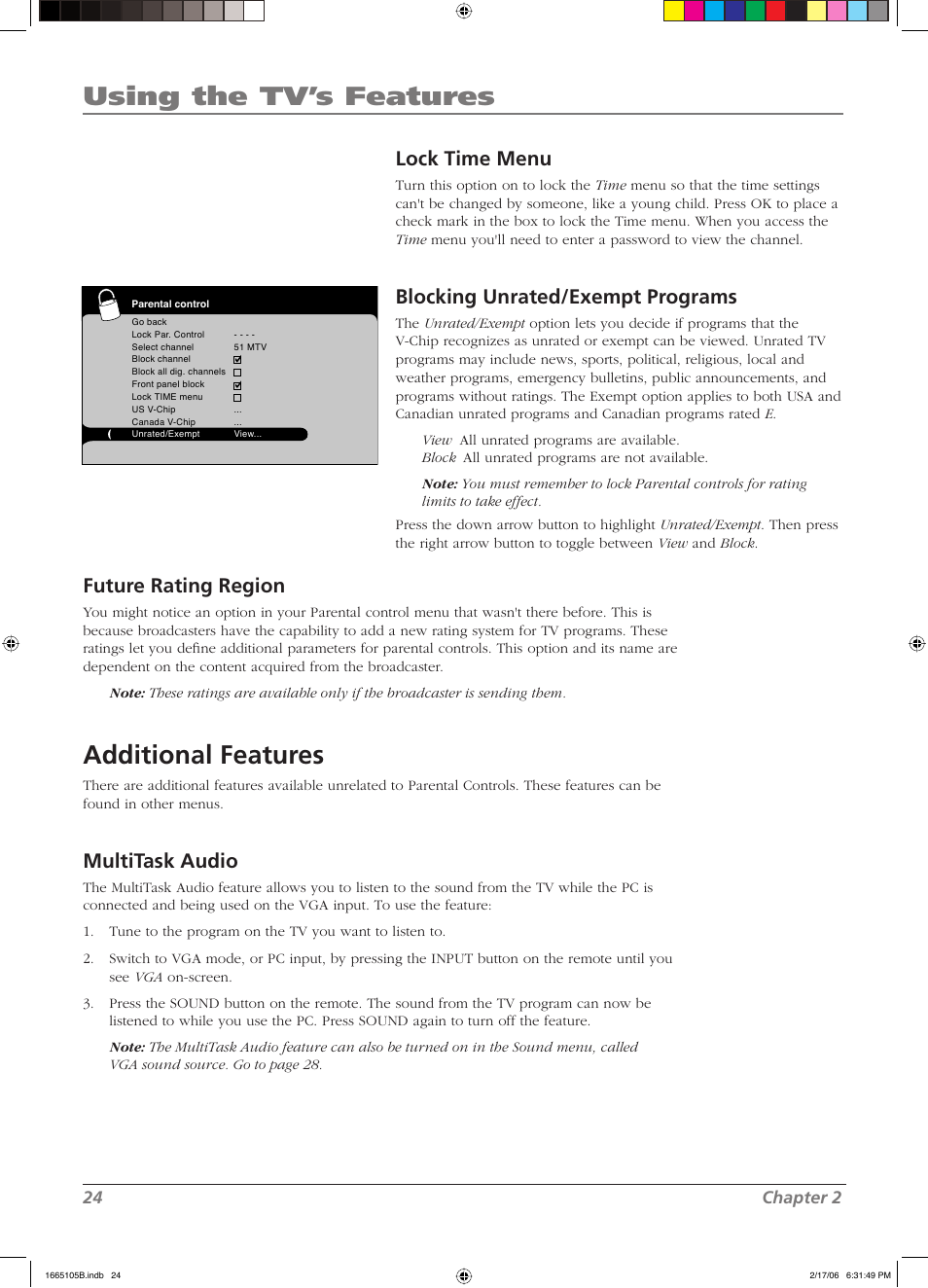 Using the tv’s features, Additional features, Lock time menu | Blocking unrated/exempt programs, Future rating region, Multitask audio, 24 chapter 2 | RCA L32WD12 User Manual | Page 24 / 44