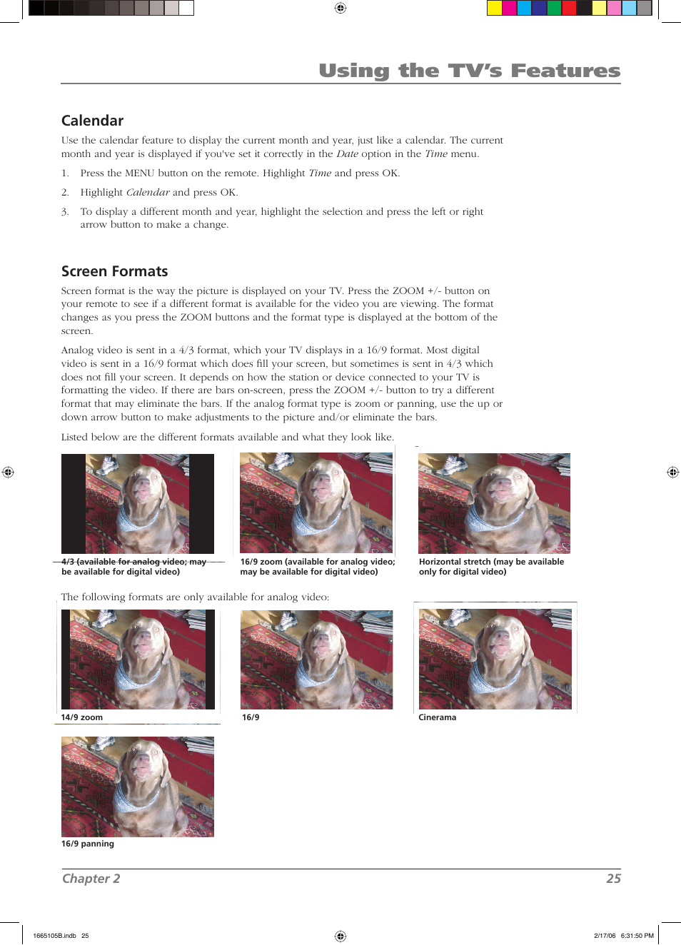 Using the tv’s features, Calendar, Screen formats | Chapter 2 25 | RCA L32WD12 User Manual | Page 25 / 44