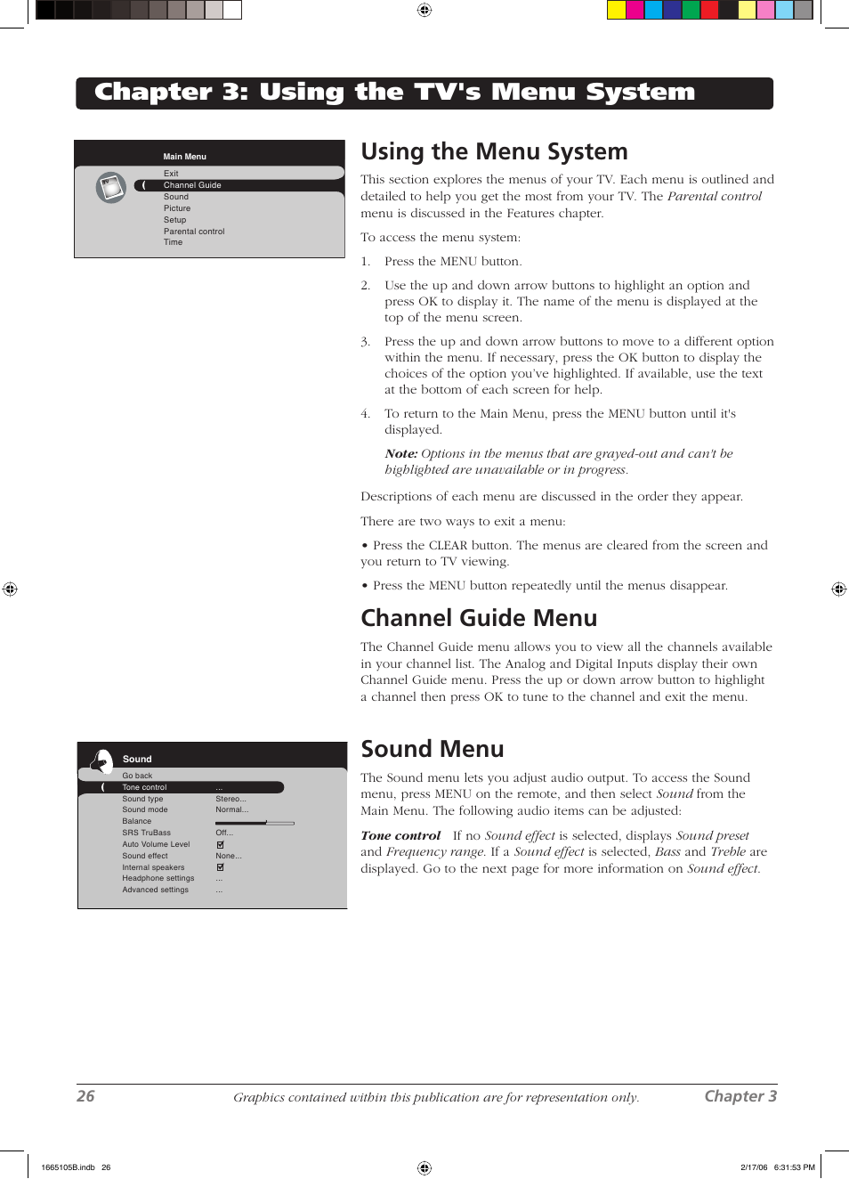 Channel guide menu, Sound menu, 26 chapter 3 | RCA L32WD12 User Manual | Page 26 / 44