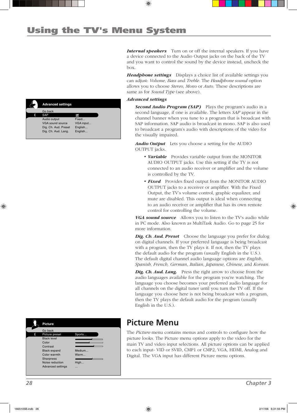 Using the tv's menu system, Picture menu, 28 chapter 3 | RCA L32WD12 User Manual | Page 28 / 44