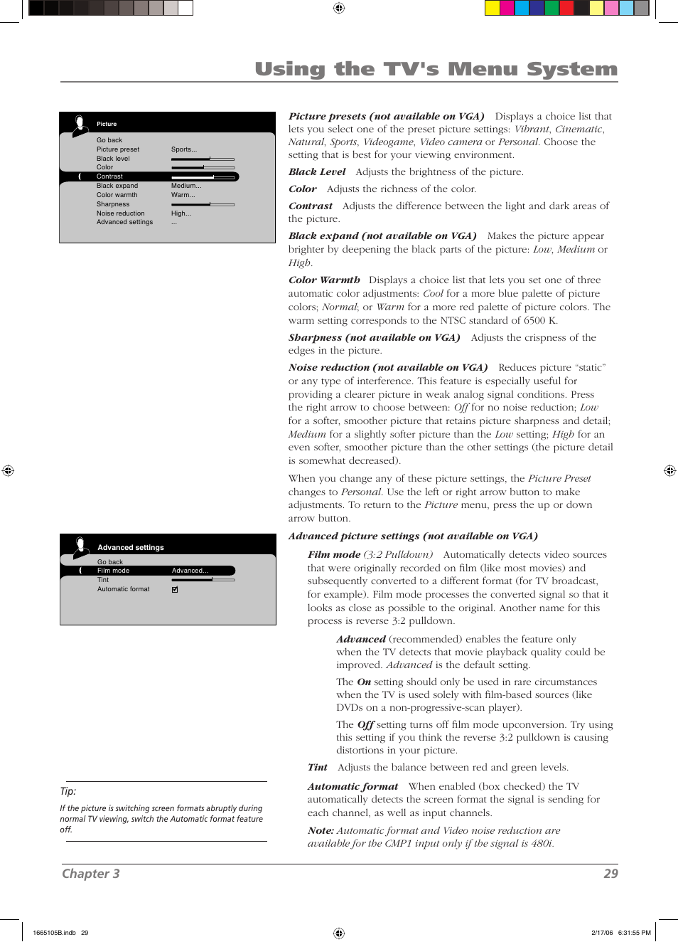 Using the tv's menu system, Chapter 3 29 | RCA L32WD12 User Manual | Page 29 / 44