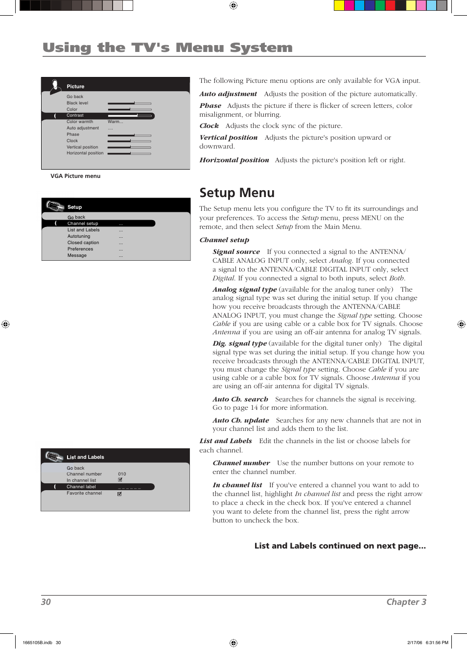 Using the tv's menu system, Setup menu, 30 chapter 3 | List and labels continued on next page | RCA L32WD12 User Manual | Page 30 / 44