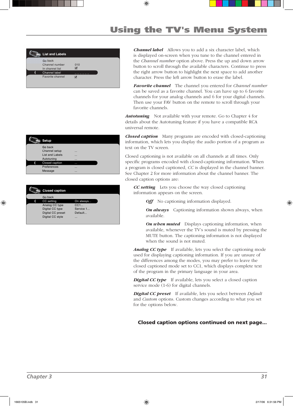 Using the tv's menu system, Chapter 3 31, Closed caption options continued on next page | RCA L32WD12 User Manual | Page 31 / 44