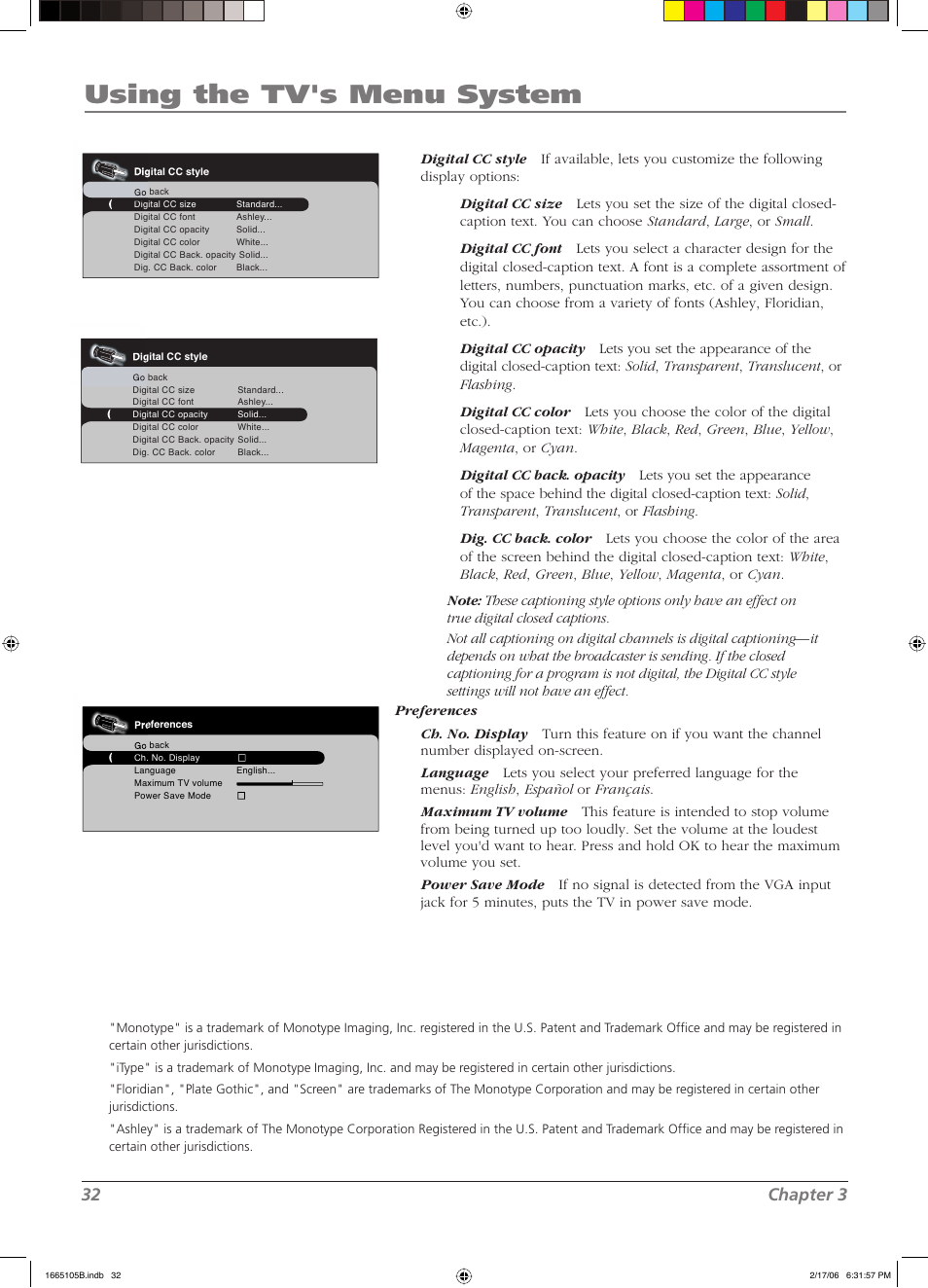 Using the tv's menu system, 32 chapter 3 | RCA L32WD12 User Manual | Page 32 / 44