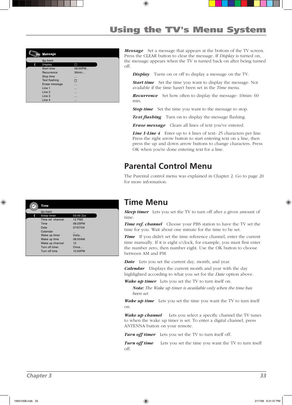 Using the tv's menu system, Parental control menu, Time menu | Chapter 3 33 | RCA L32WD12 User Manual | Page 33 / 44