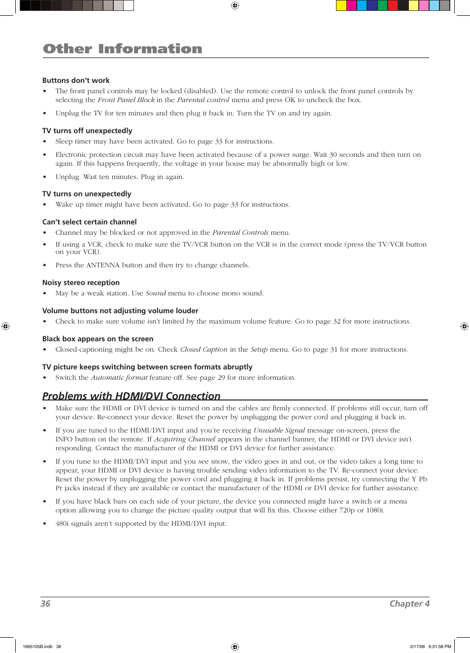 Other information, Problems with hdmi/dvi connection | RCA L32WD12 User Manual | Page 36 / 44