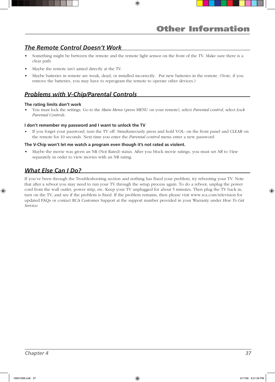 Other information, The remote control doesn’t work, Problems with v-chip/parental controls | What else can i do | RCA L32WD12 User Manual | Page 37 / 44