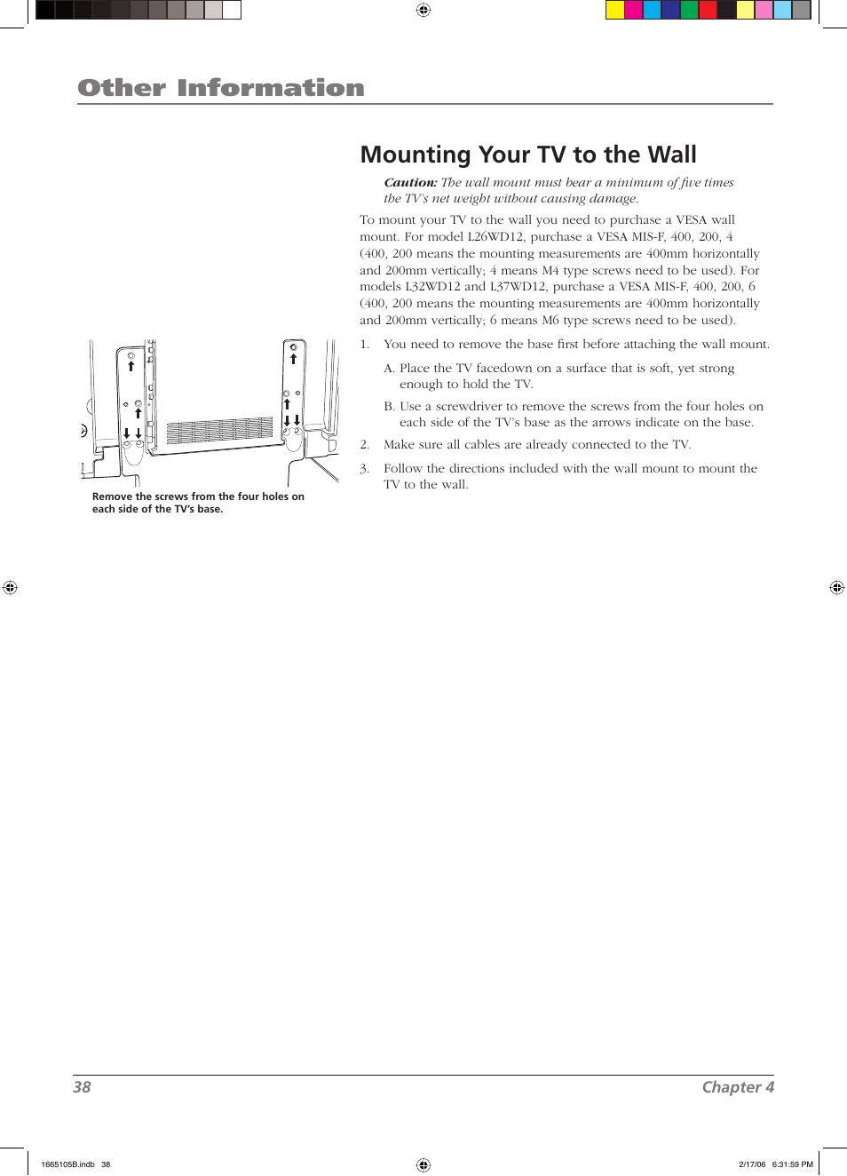 Other information mounting your tv to the wall | RCA L32WD12 User Manual | Page 38 / 44