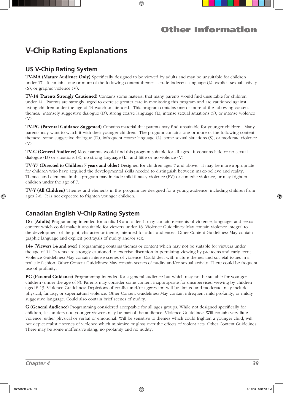 Other information v-chip rating explanations, Us v-chip rating system, Canadian english v-chip rating system | RCA L32WD12 User Manual | Page 39 / 44