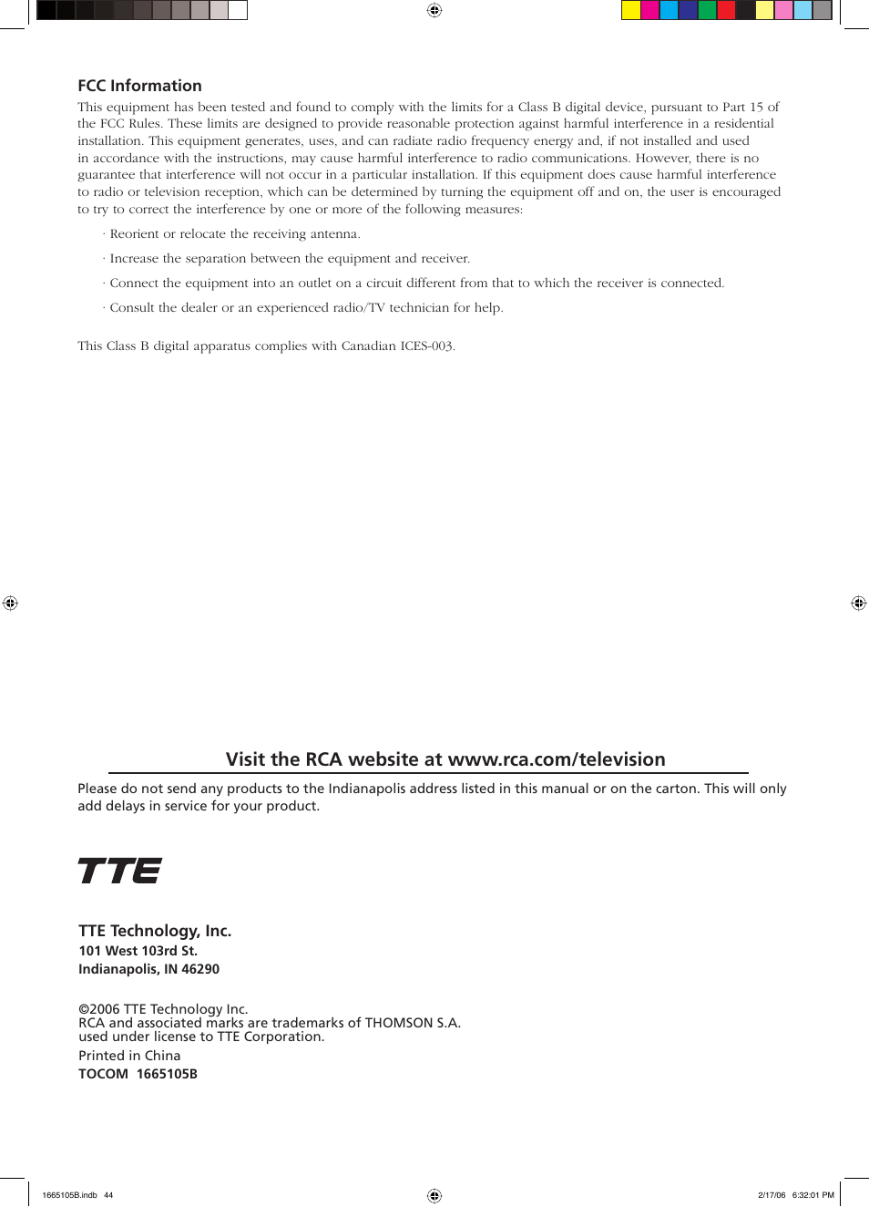 Tte technology, inc, Fcc information | RCA L32WD12 User Manual | Page 44 / 44