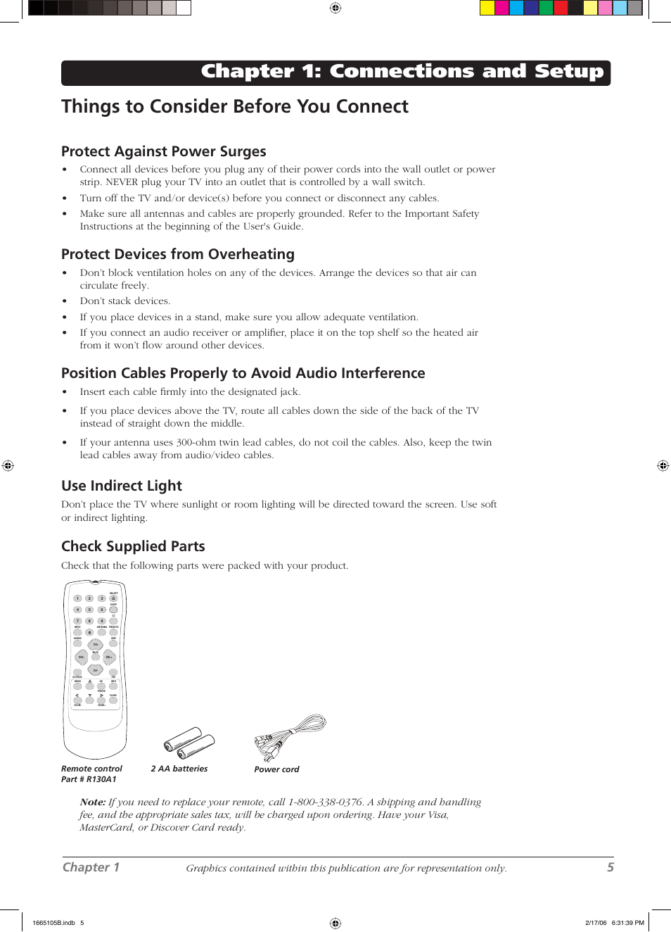 Protect against power surges, Protect devices from overheating, Use indirect light | Check supplied parts, Chapter 1 5 | RCA L32WD12 User Manual | Page 5 / 44