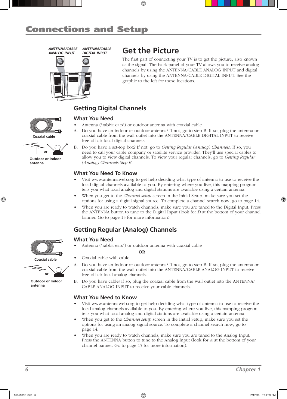 Connections and setup, Get the picture, Getting digital channels | Getting regular (analog) channels | RCA L32WD12 User Manual | Page 6 / 44