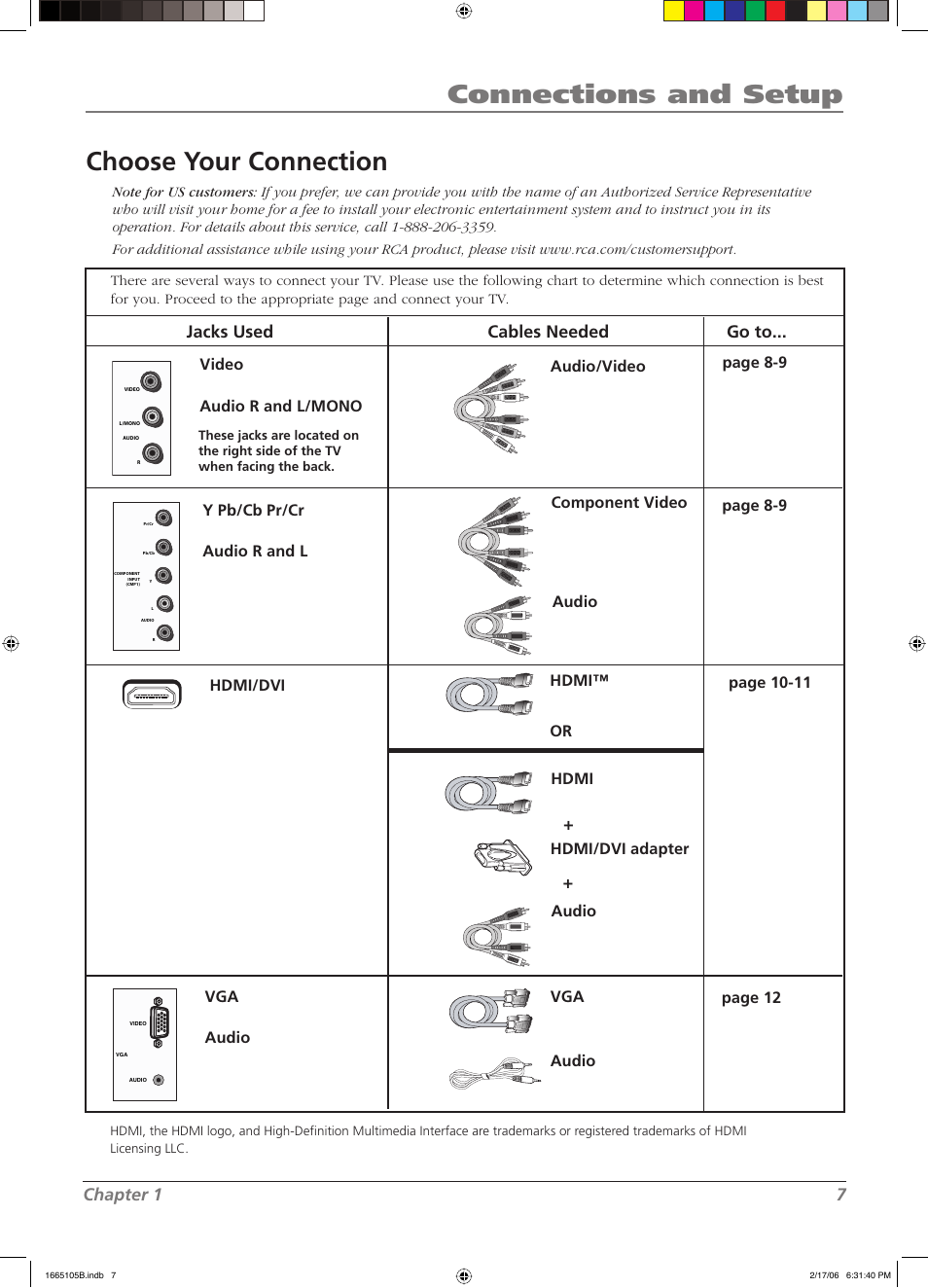 Connections and setup, Choose your connection, Chapter 1 7 jacks used cables needed go to | RCA L32WD12 User Manual | Page 7 / 44