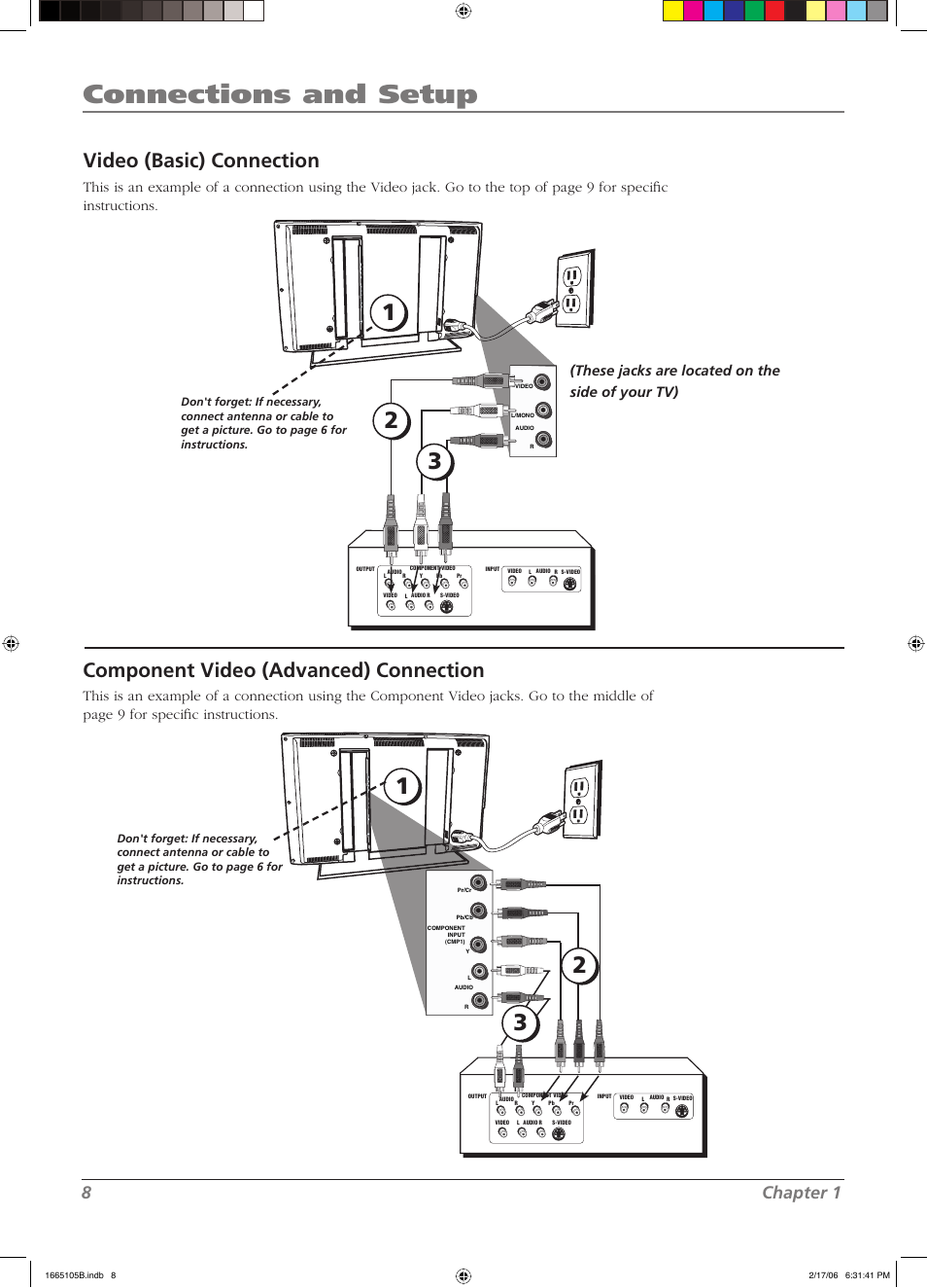 Connections and setup, Video (basic) connection, Component video (advanced) connection | 8chapter 1, These jacks are located on the side of your tv) | RCA L32WD12 User Manual | Page 8 / 44