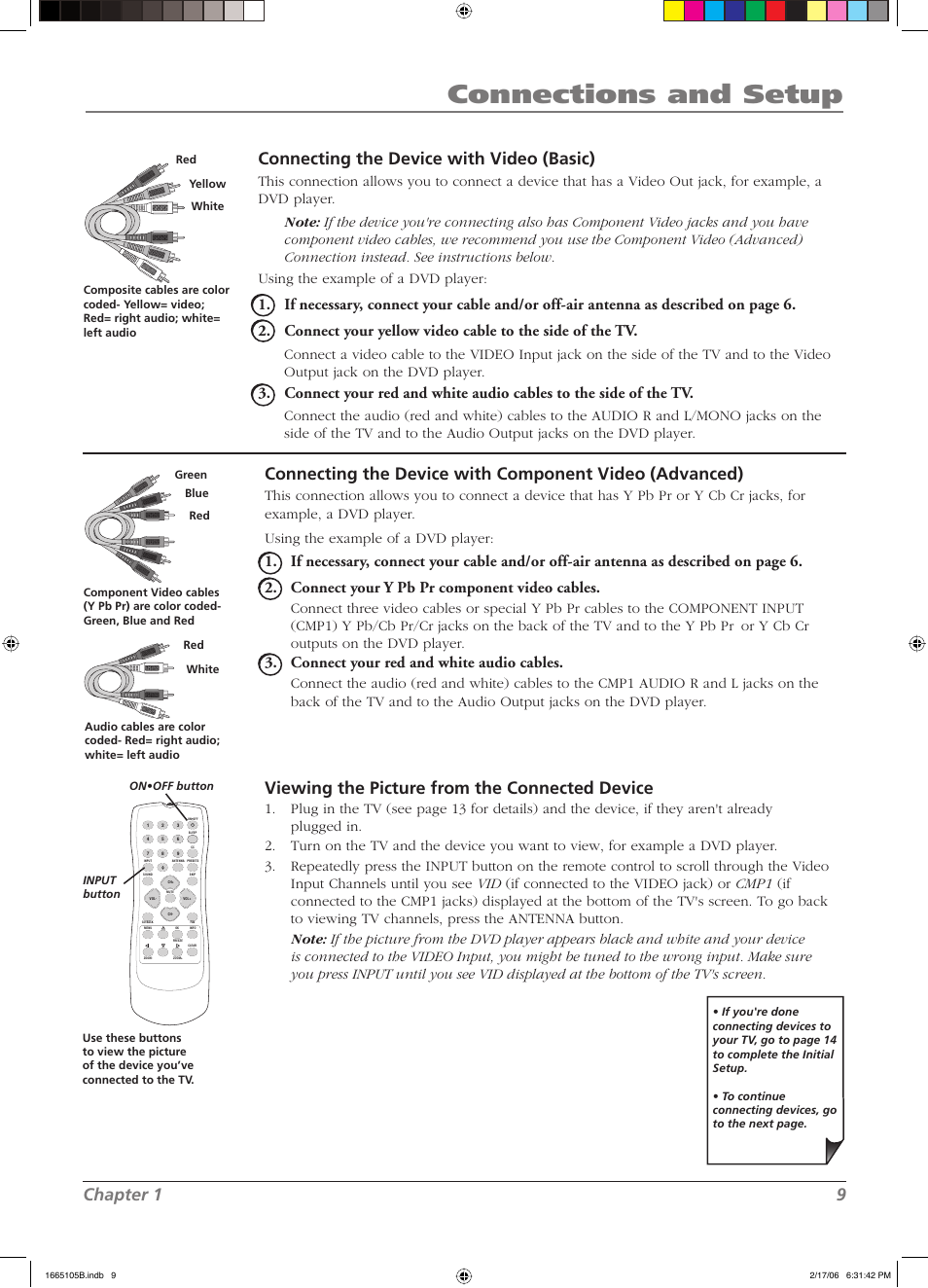 Connections and setup, Chapter 1 9, Connecting the device with video (basic) | Viewing the picture from the connected device, Connect your y pb pr component video cables, Connect your red and white audio cables, Or y cb cr outputs on the dvd player, Output jack on the dvd player | RCA L32WD12 User Manual | Page 9 / 44