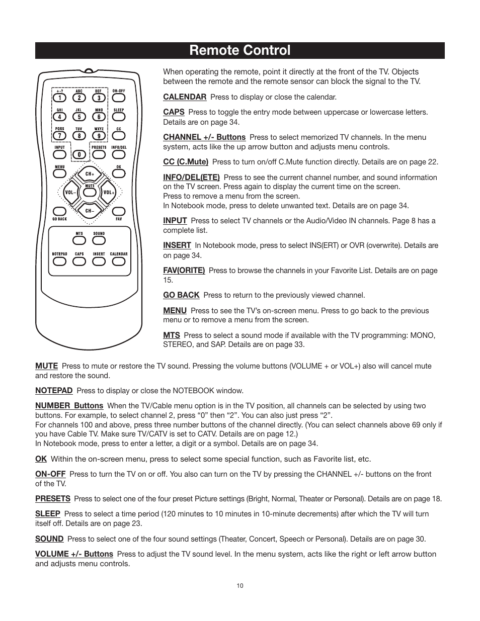 Remote control | RCA 20F542T User Manual | Page 11 / 40