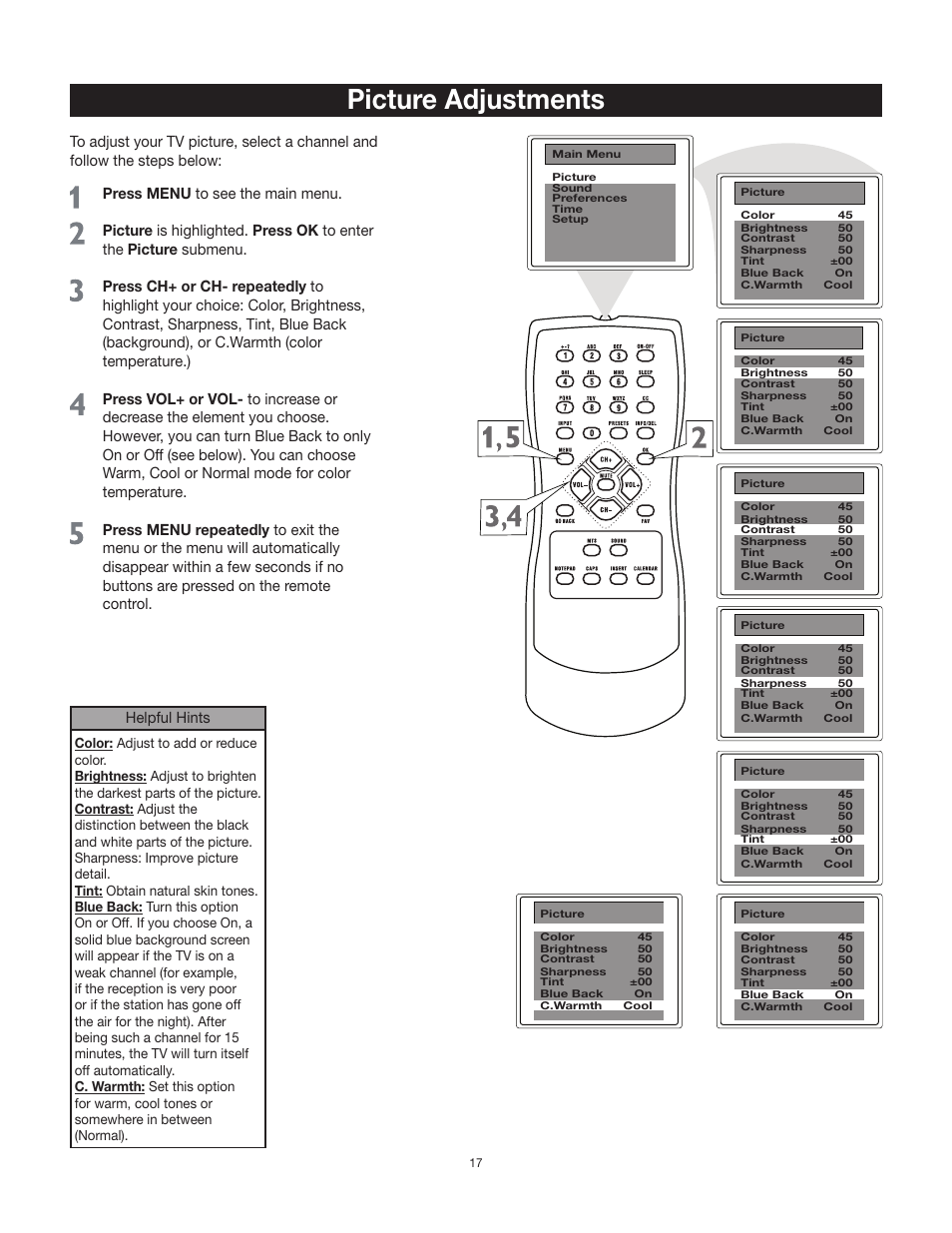 Picture adjustments, Helpful hints | RCA 20F542T User Manual | Page 18 / 40