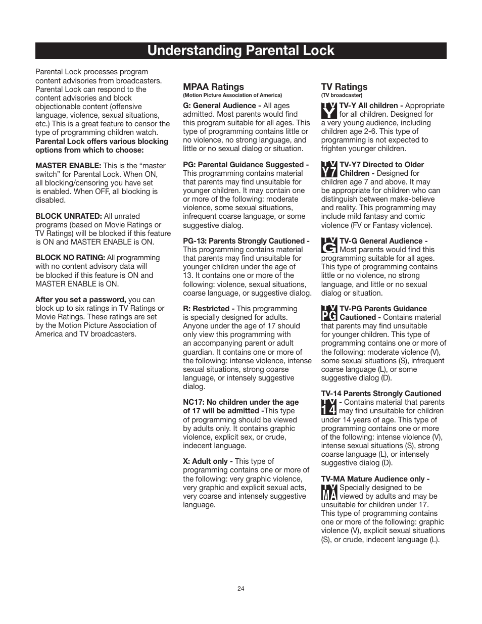 Understanding parental lock | RCA 20F542T User Manual | Page 25 / 40