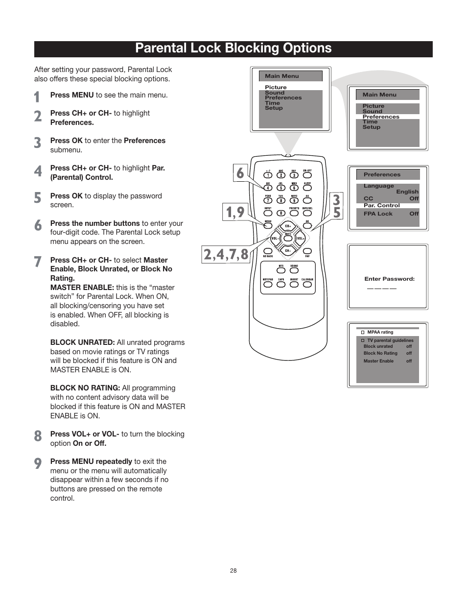 Parental lock blocking options | RCA 20F542T User Manual | Page 29 / 40