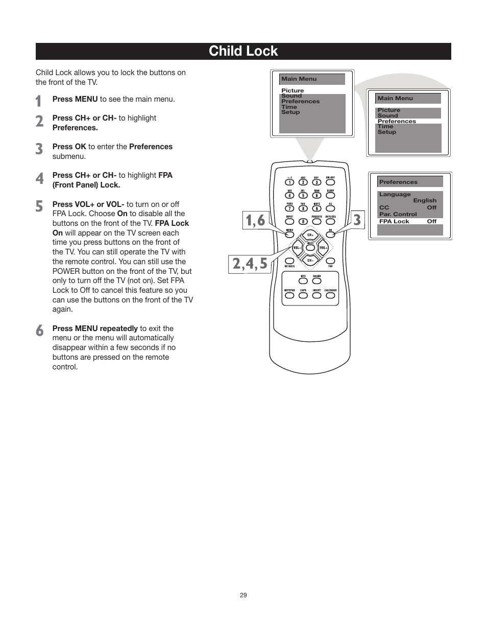 Child lock | RCA 20F542T User Manual | Page 30 / 40