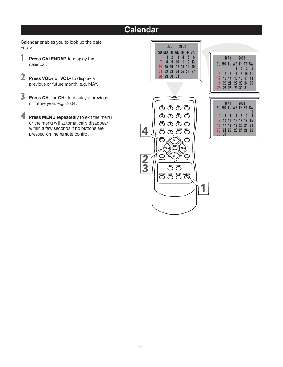 Calendar | RCA 20F542T User Manual | Page 36 / 40