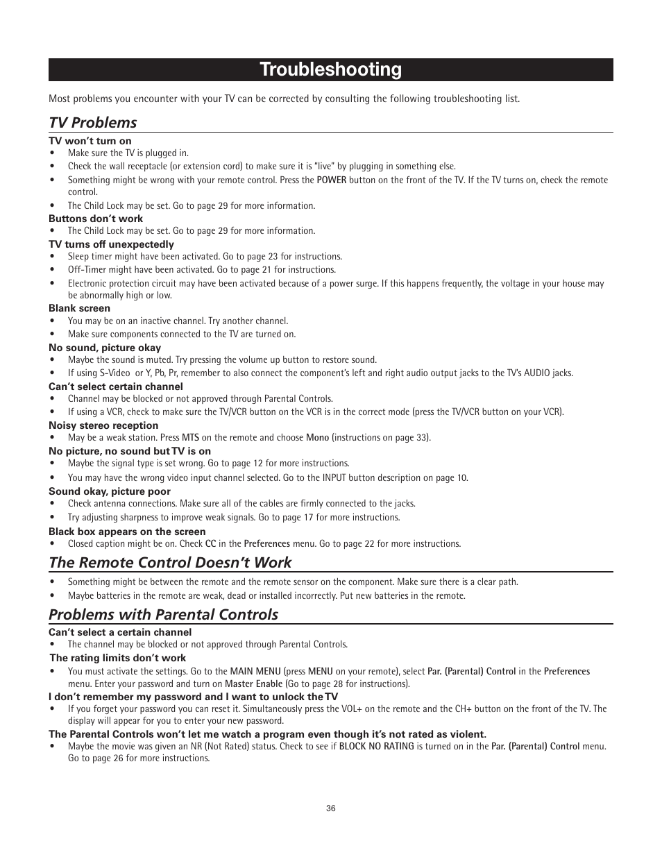 Troubleshooting, Tv problems, The remote control doesn’t work | Problems with parental controls | RCA 20F542T User Manual | Page 37 / 40