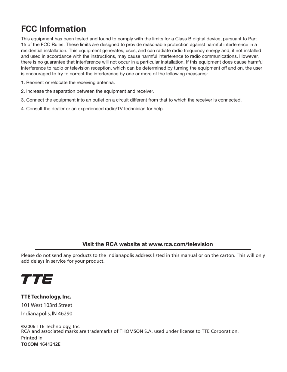 Fcc information | RCA 20F542T User Manual | Page 40 / 40