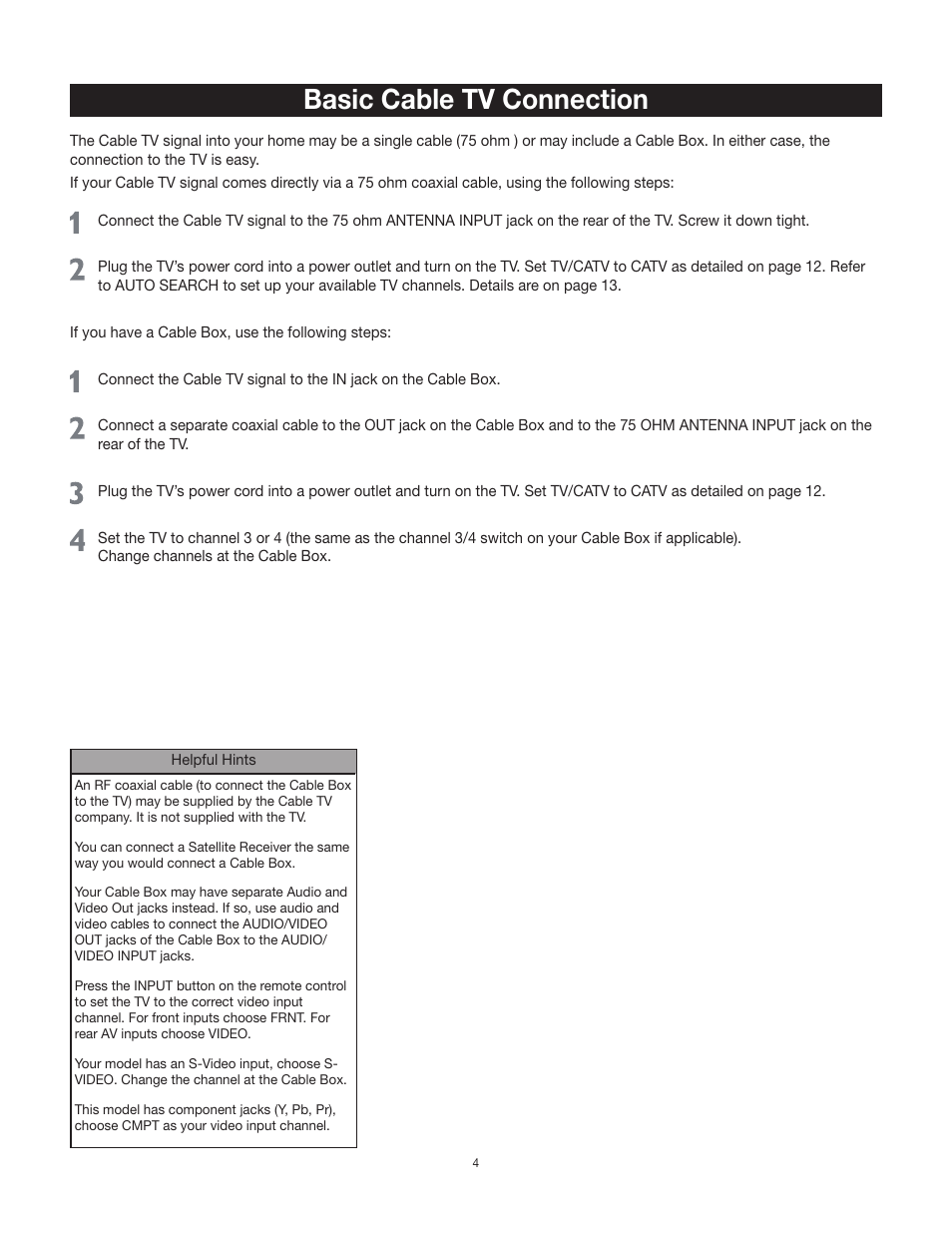 Basic cable tv connection | RCA 20F542T User Manual | Page 5 / 40