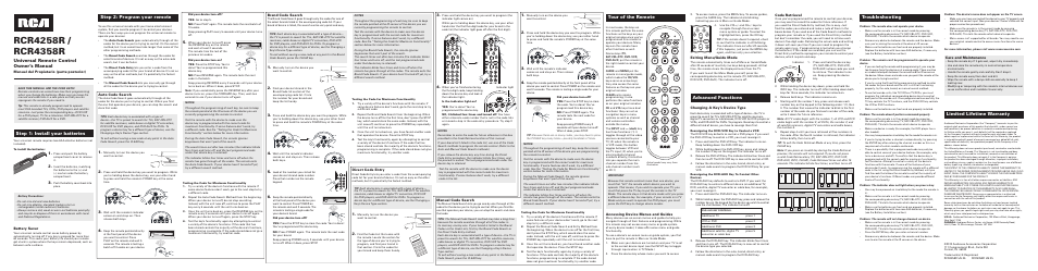 Universal remote control owner’s manual, Battery saver, Manual del propietario (parte posterior) | Care and maintenance, Auto code search, Brand code search, Direct code entry, Manual code search, Changing a key’s device type, Code retrieval | RCA RCR4358R User Manual | Page 2 / 2
