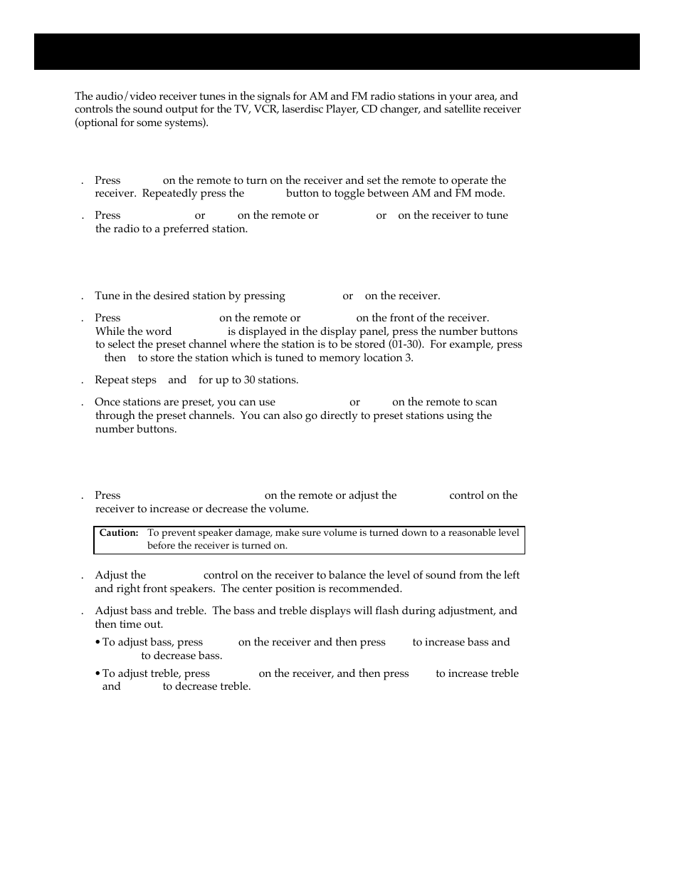 Using your audio/video receiver, To listen to am/fm stations, To preset am/fm stations | To adjust basic sound controls | RCA HT35713BD User Manual | Page 18 / 36