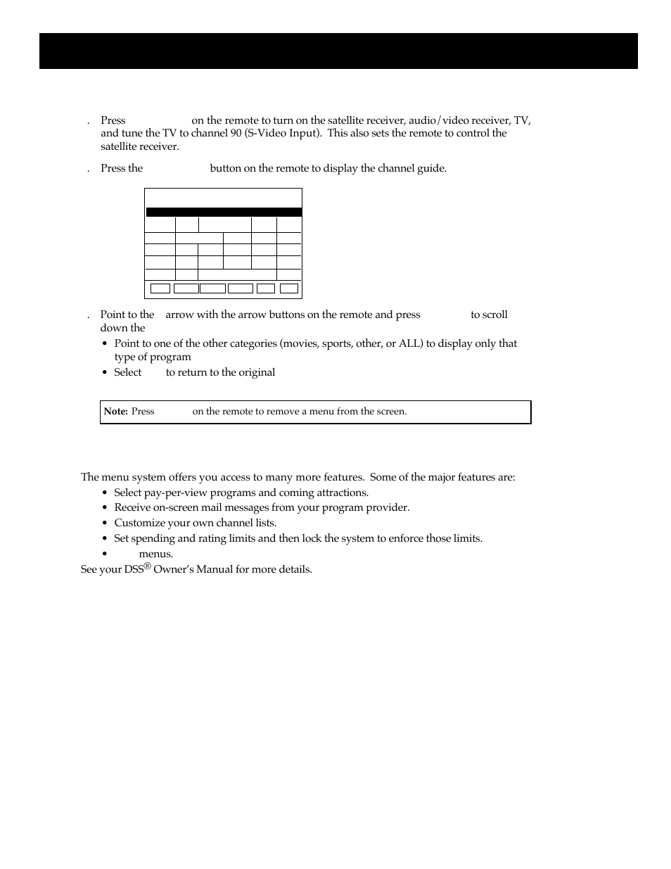 Using your dss, Receiver, Other features available through the menu system | Channel guide | RCA HT35713BD User Manual | Page 29 / 36