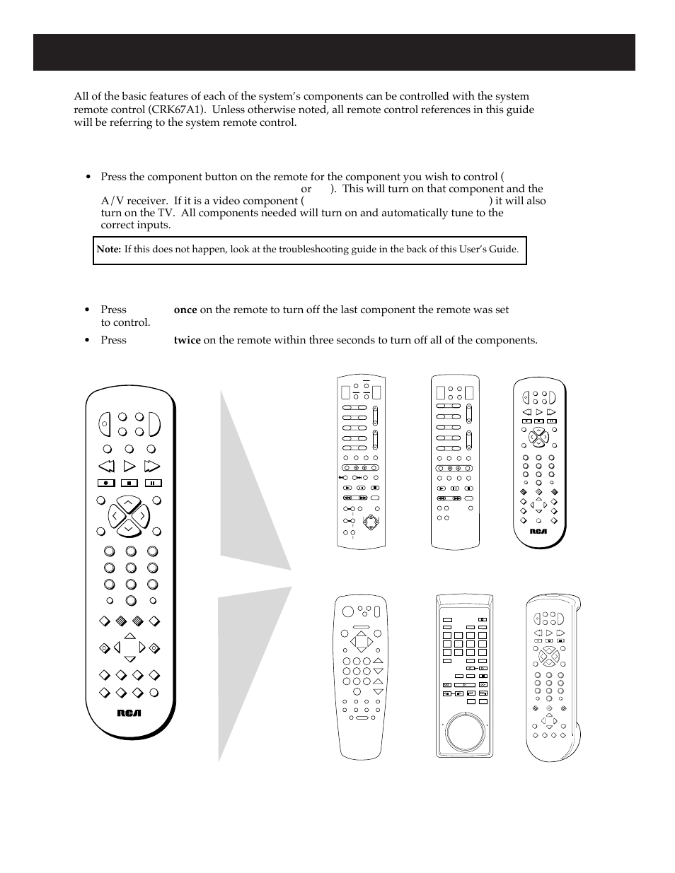 Using your system remote control, Turning on your system, turning off your system, Turning on your system | Turning off your system, Audio/video receiver (crk62s2), Tv (crk70) or | RCA HT35713BD User Manual | Page 8 / 36