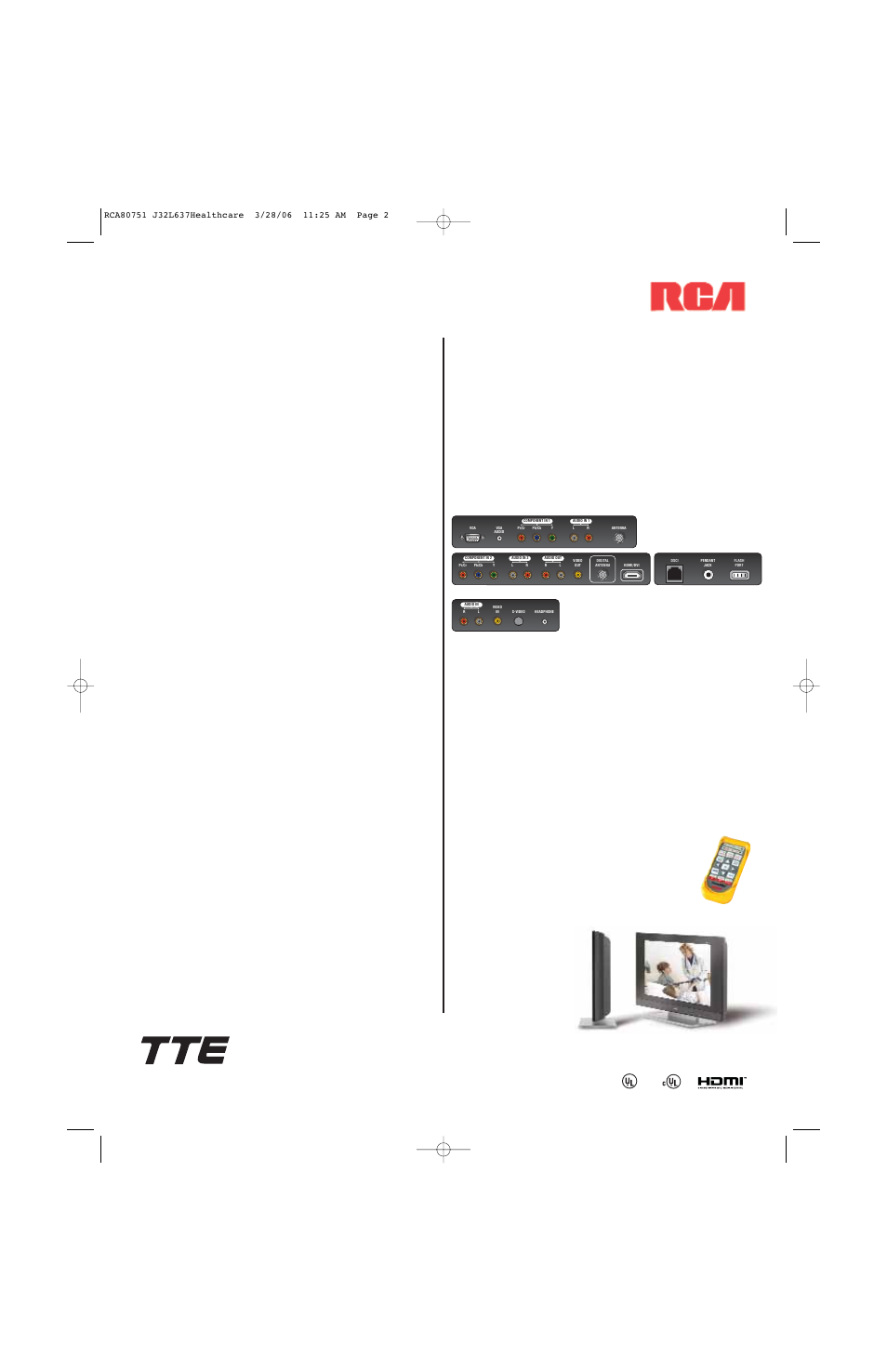 Picture technology, Sound technology, Commercial features | Specifications, Optional accessories | RCA J32L637 User Manual | Page 2 / 2