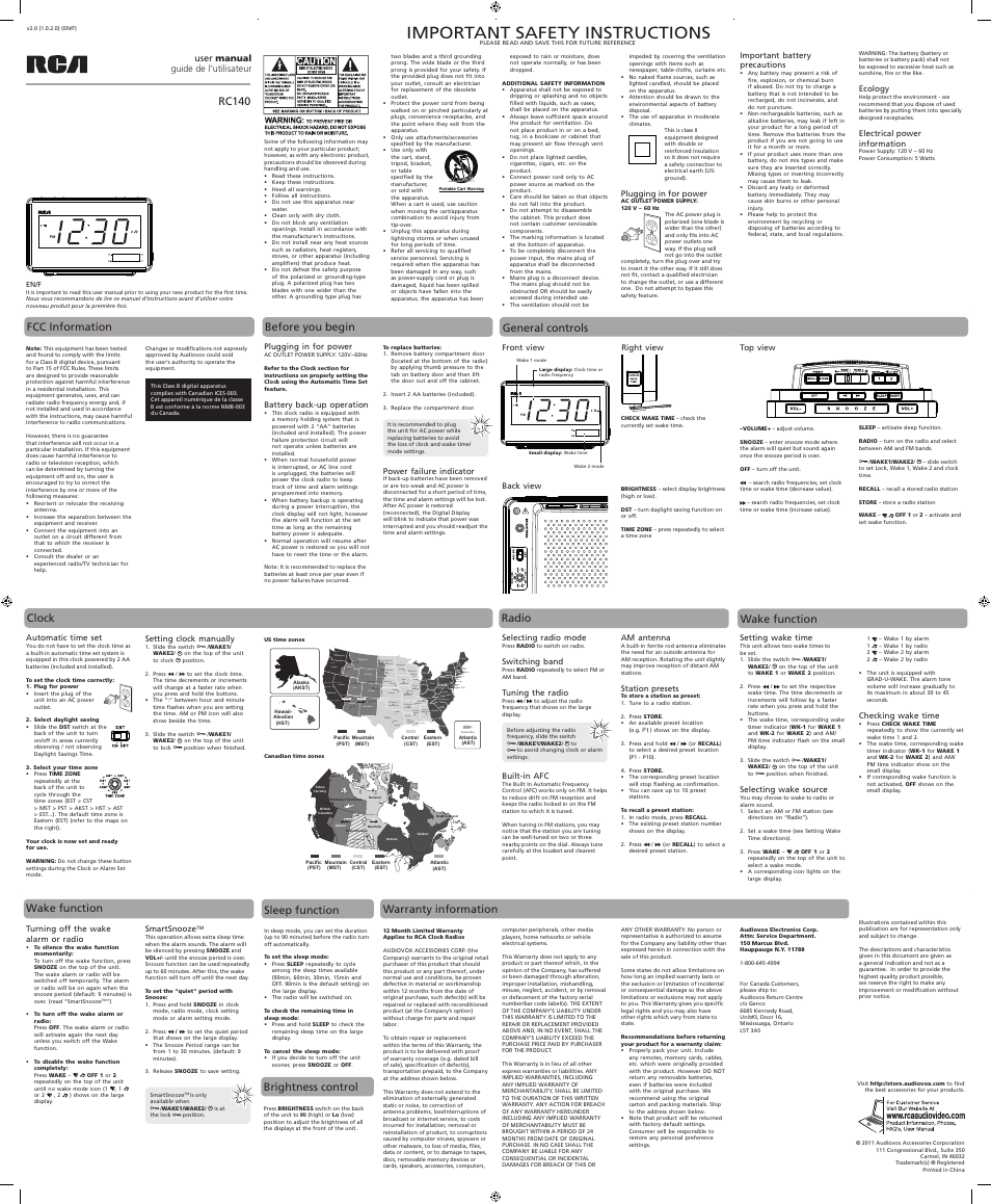 Important safety instructions, Washington oregon arizona new mexico, Oklahoma kansas colorado utah nevada | Idaho, Summer winter winnipeg saskatoon regina | RCA RC140 User Manual | Page 2 / 2