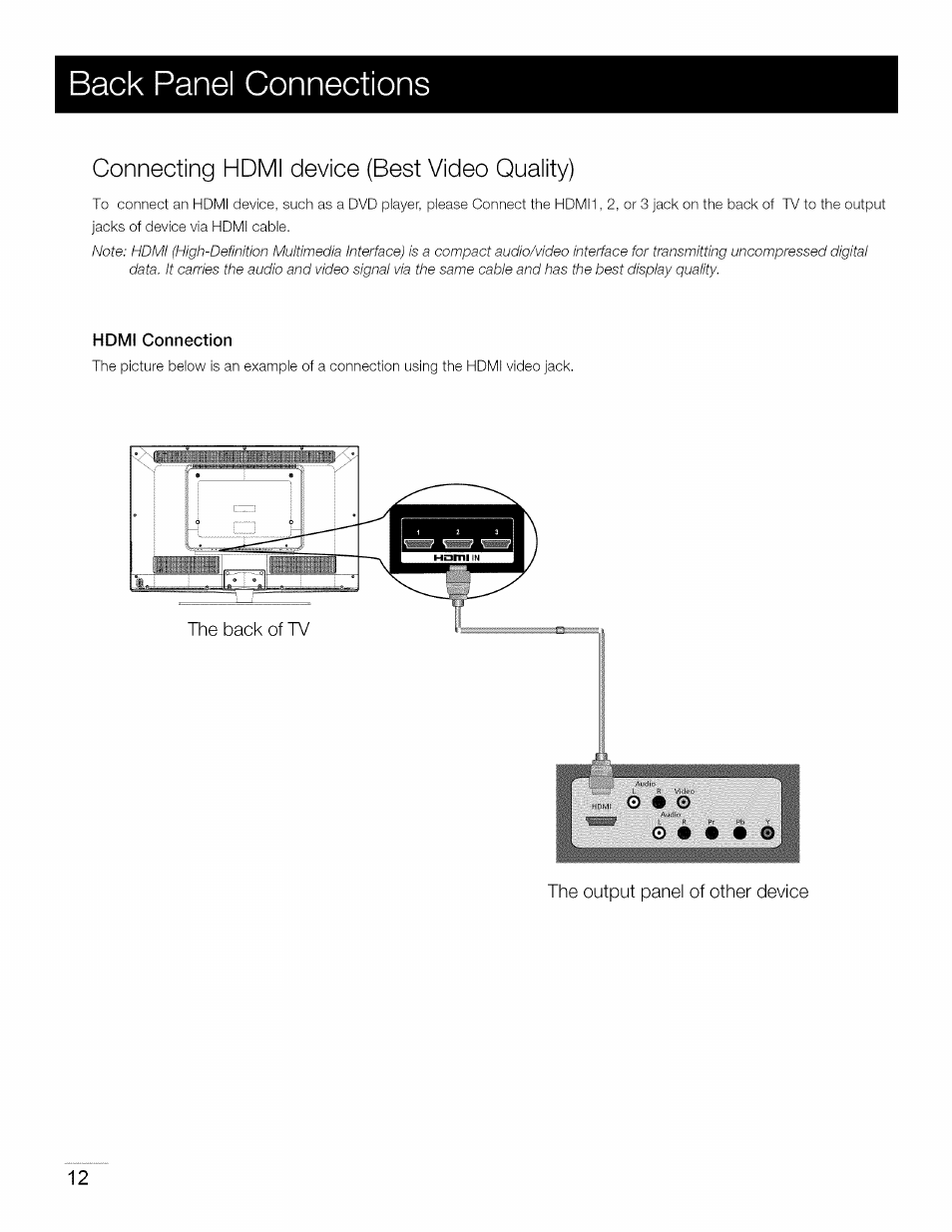 Hdmi connection, O • o, O • • • o | Back panel connections, Connecting hdmi device (best video quality) | RCA 40LA45RQ User Manual | Page 13 / 40