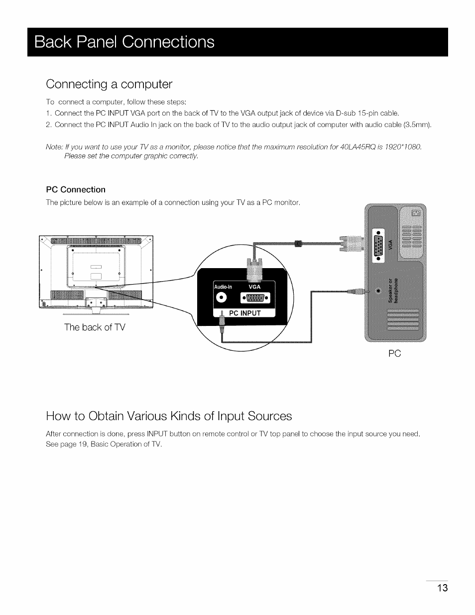 Pc connection, Cable connections, Back panel connections | Connecting a computer, How to obtain various kinds of input sources | RCA 40LA45RQ User Manual | Page 14 / 40