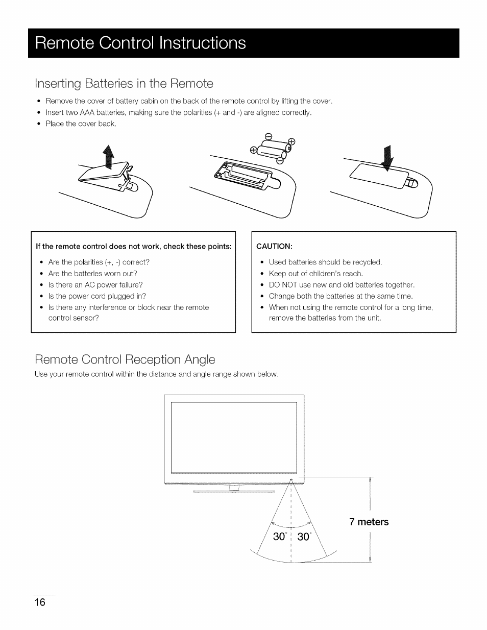 Remote control instruotions, Inserting batteries in the remote, Remote control reception angle | RCA 40LA45RQ User Manual | Page 17 / 40