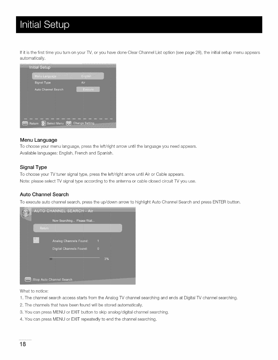 Menu language, Signal type, Auto channel search | Nitial setup | RCA 40LA45RQ User Manual | Page 19 / 40