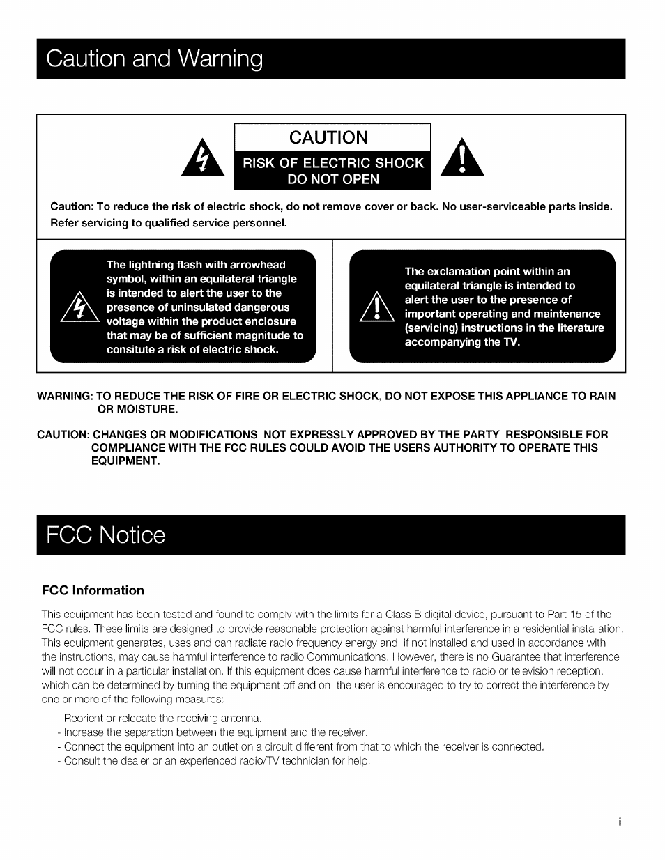 Caution and warning, Fcc notice, Caution | RCA 40LA45RQ User Manual | Page 2 / 40