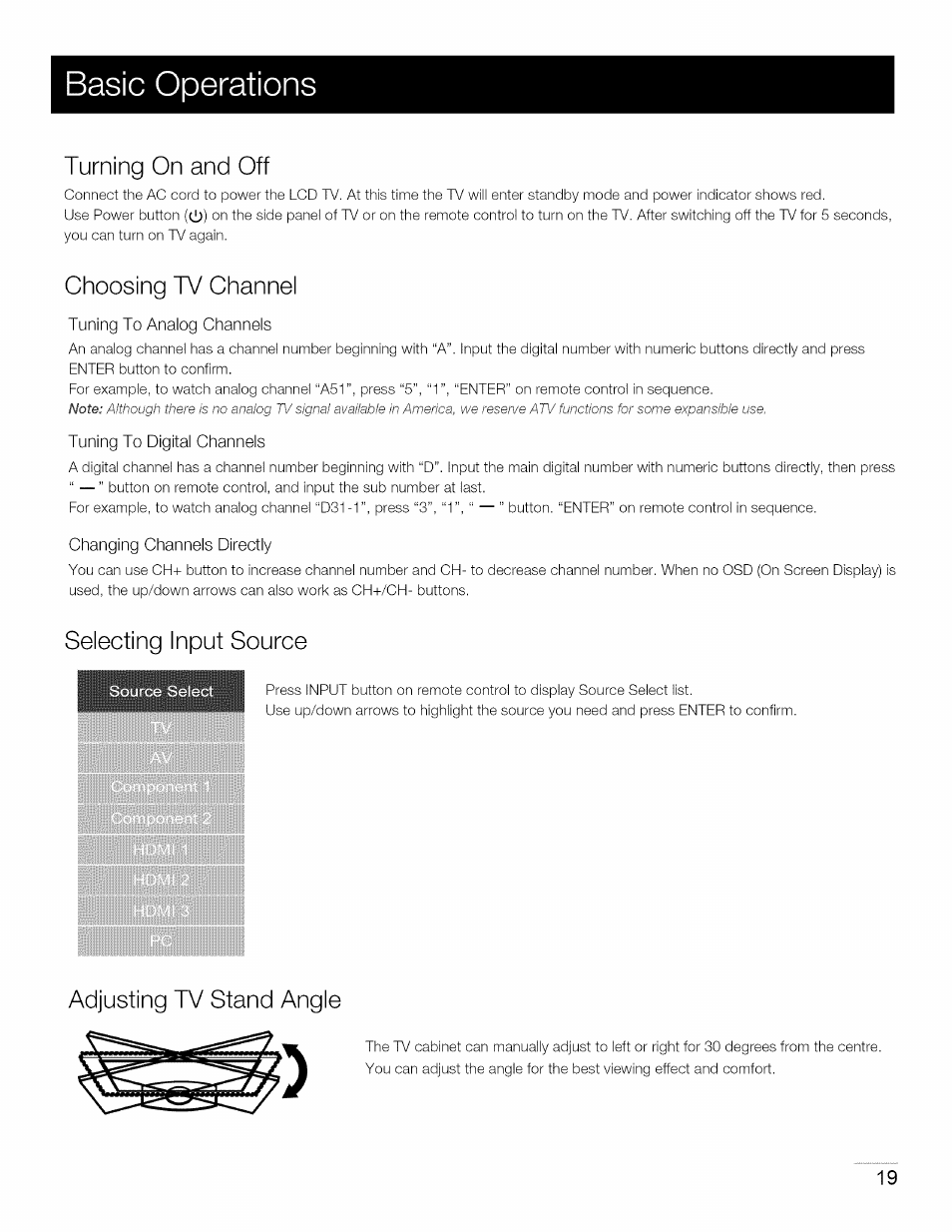 Basic operations, Turning on and off, Ohoosing tv ohannel | Selecting input source, Adjusting tv stand angle | RCA 40LA45RQ User Manual | Page 20 / 40