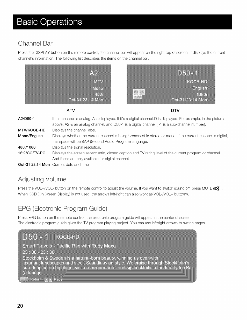 Basic operations, Channel bar, Adjusting volume | Epg (electronic program guide) | RCA 40LA45RQ User Manual | Page 21 / 40