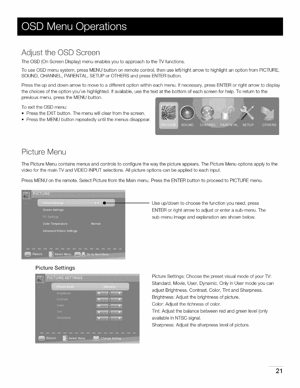 Picture settings, Osd menu operations, Adjust the osd screen | Picture menu | RCA 40LA45RQ User Manual | Page 22 / 40