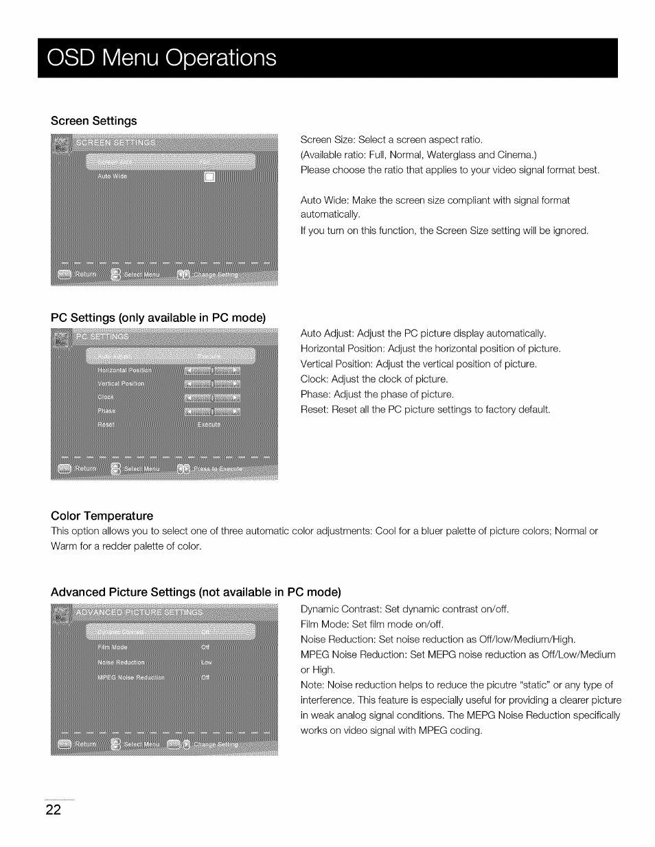 Screen settings, Pc settings (only available in pc mode), Color temperature | Osd menu operations | RCA 40LA45RQ User Manual | Page 23 / 40