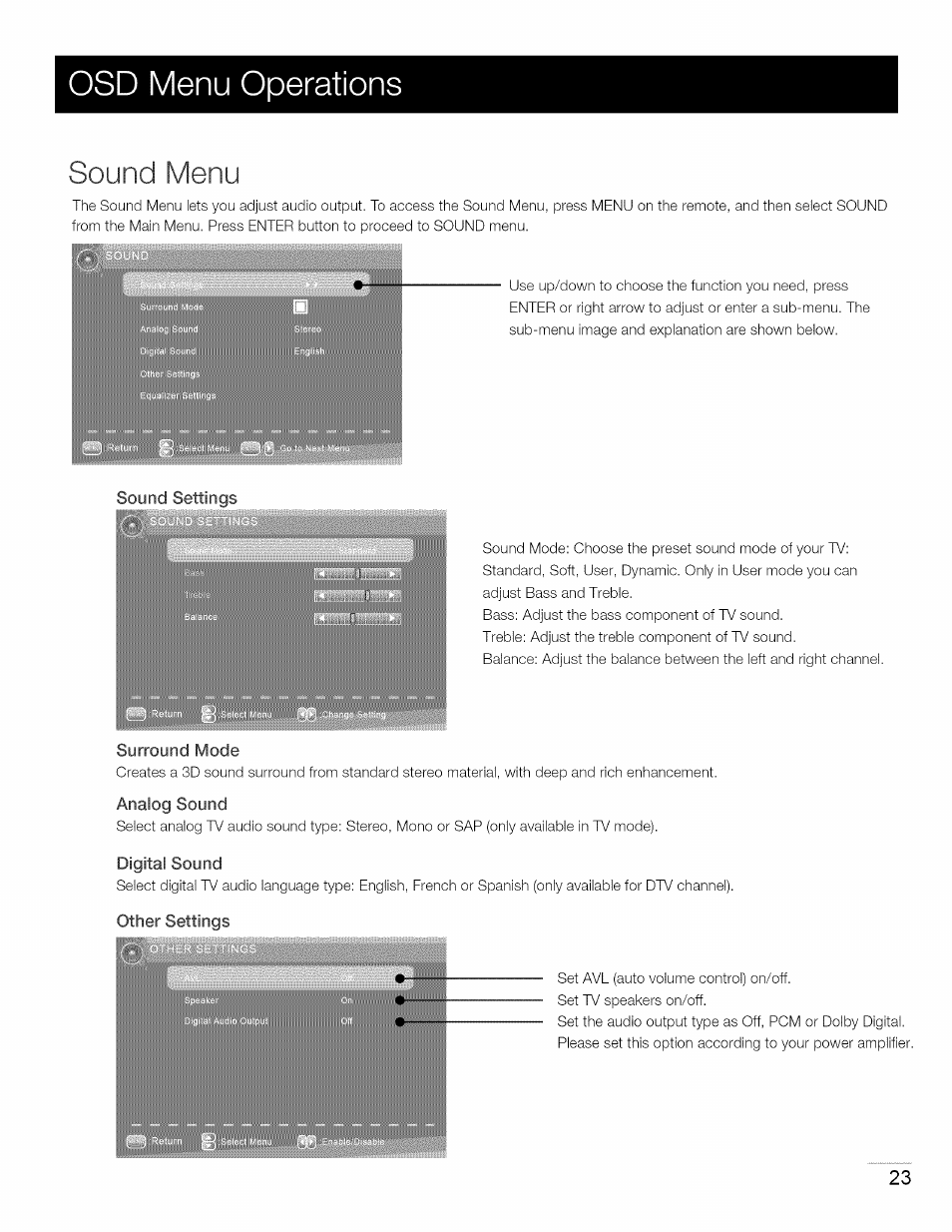 Digital sound, Osd menu operations, Sound menu | RCA 40LA45RQ User Manual | Page 24 / 40