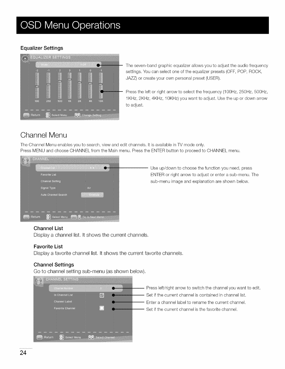 Equalizer settings, Channel list, Favorite list | Osd menu operations, Channel menu | RCA 40LA45RQ User Manual | Page 25 / 40