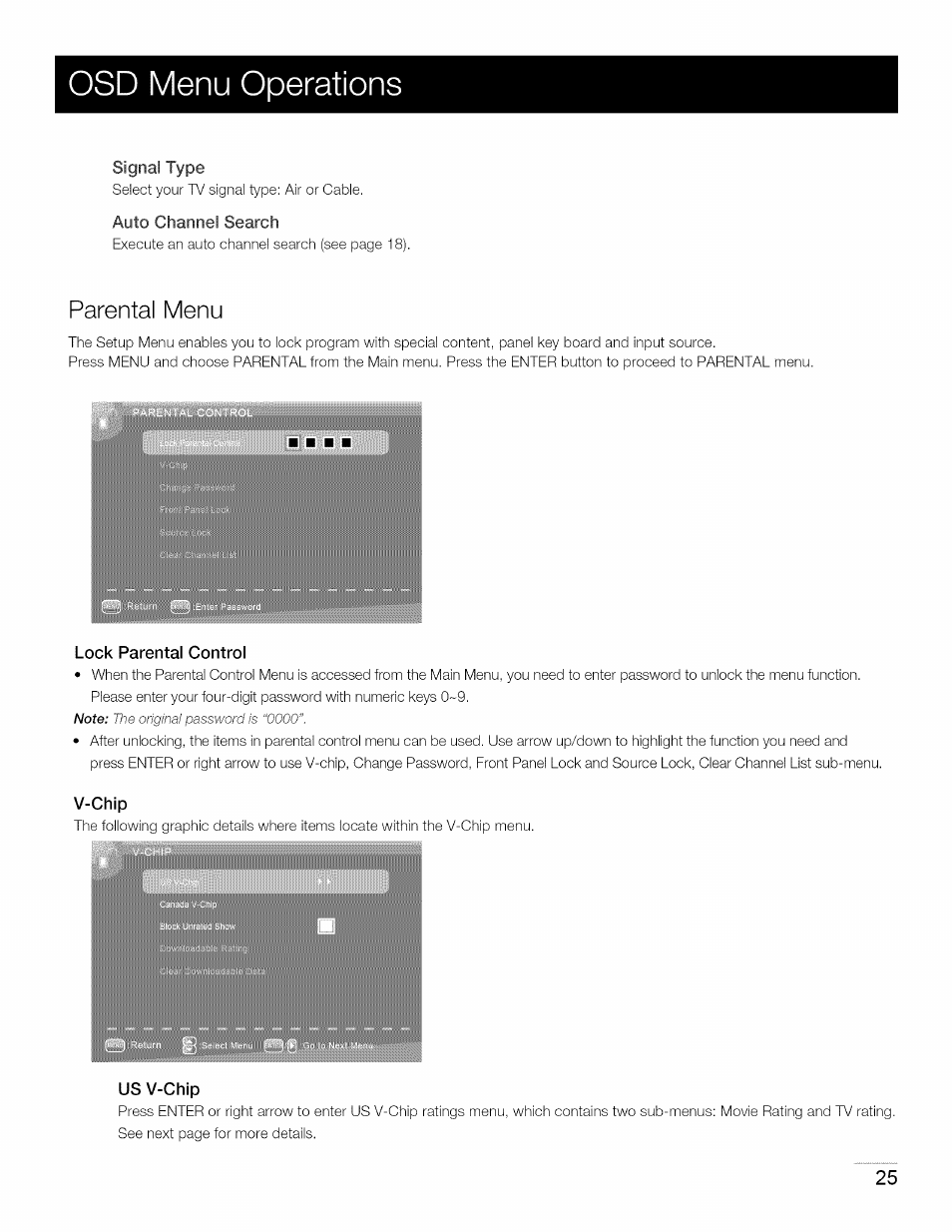 Lock parental control, V-chip, Us v-chip | Osd menu operations, Parental menu | RCA 40LA45RQ User Manual | Page 26 / 40